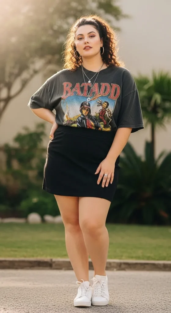 Classic black mini skirt with oversized tee