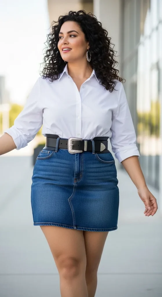 Mini skirt with belt and tucked shirt
