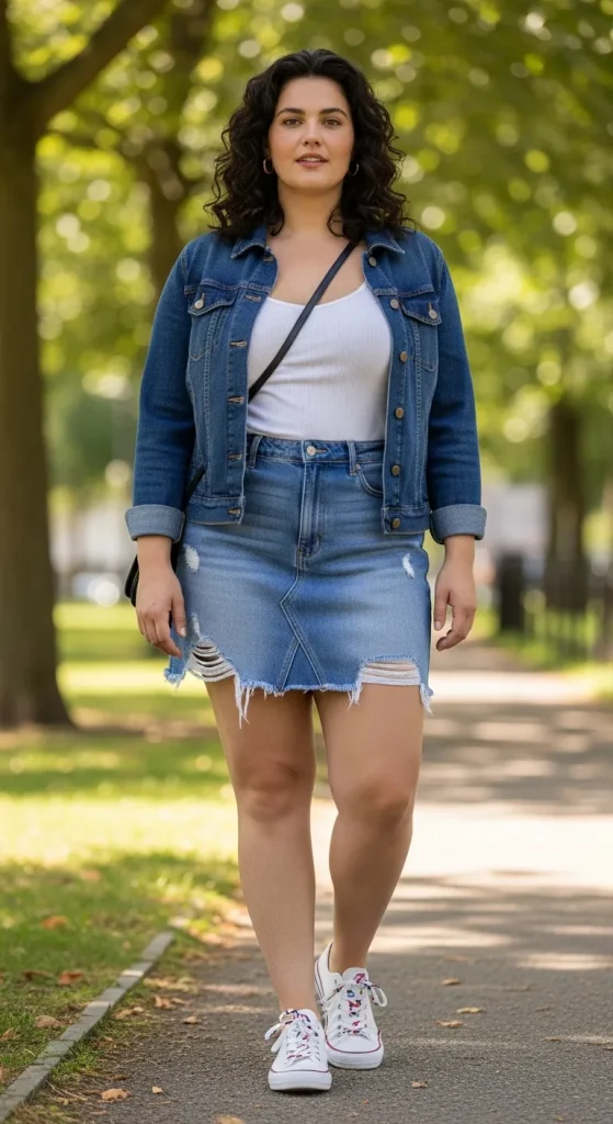 Mini skirt with denim jacket and tank