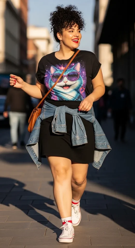 Mini skirt with graphic tee and sneakers