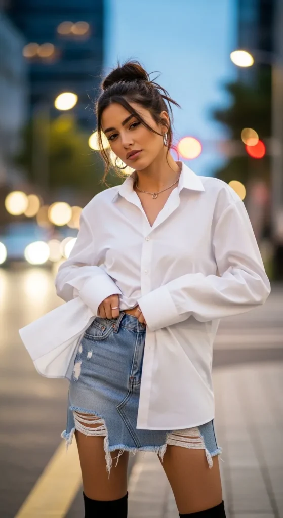 Mini skirt with oversized button-down shirt