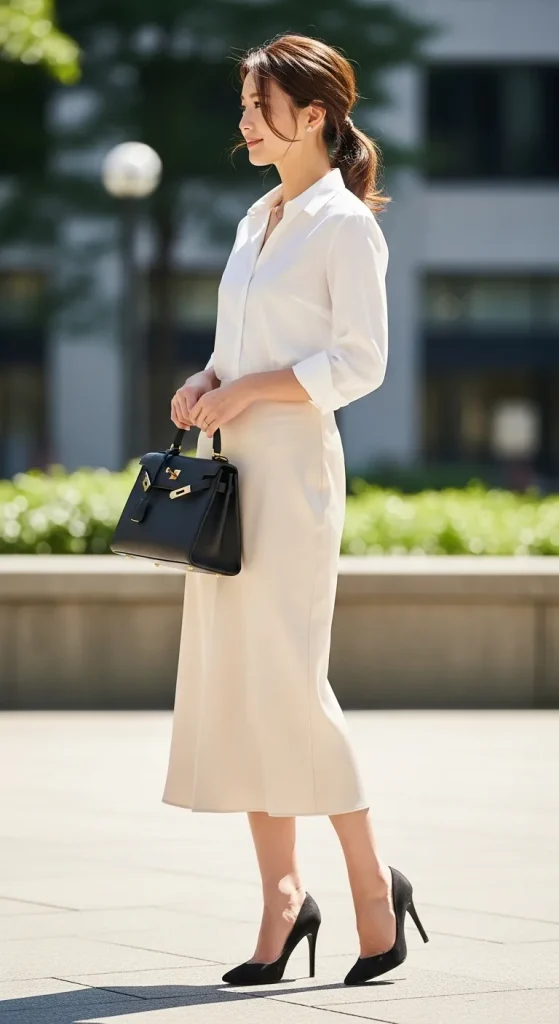 Satin Skirt with Button-Down Shirt