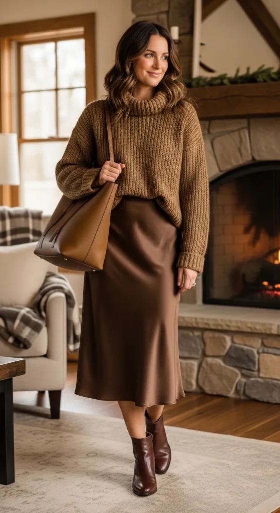 Satin Skirt with Chunky Knit Sweater