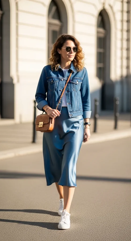 Satin Skirt with Denim Jacket