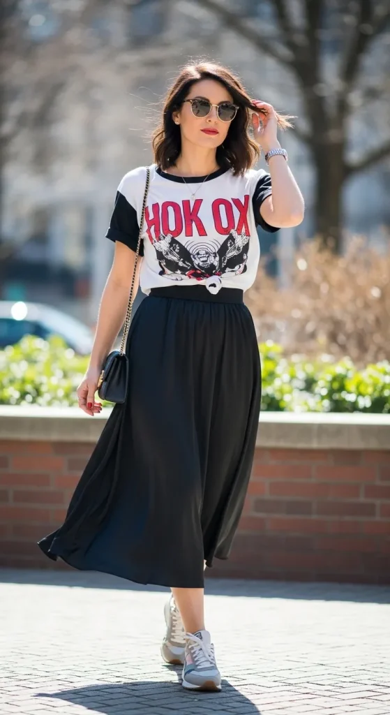 Satin Skirt with Graphic Tee