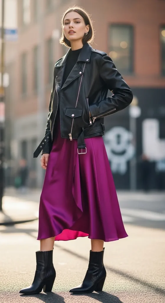 Satin Skirt with Leather Jacket