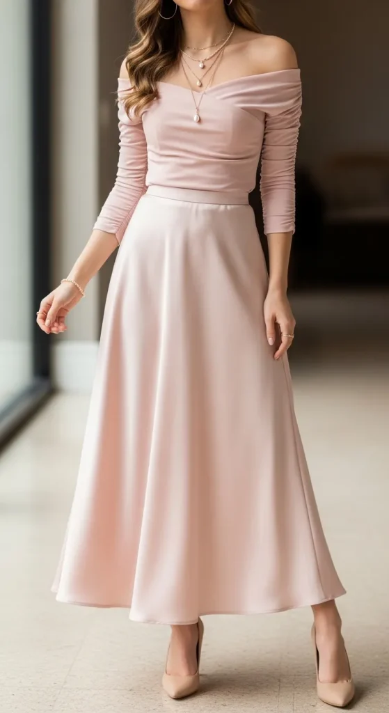 Satin Skirt with Off-Shoulder Top