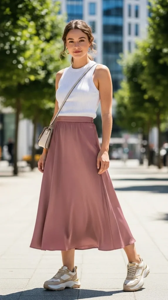 Satin Skirt with Sneakers